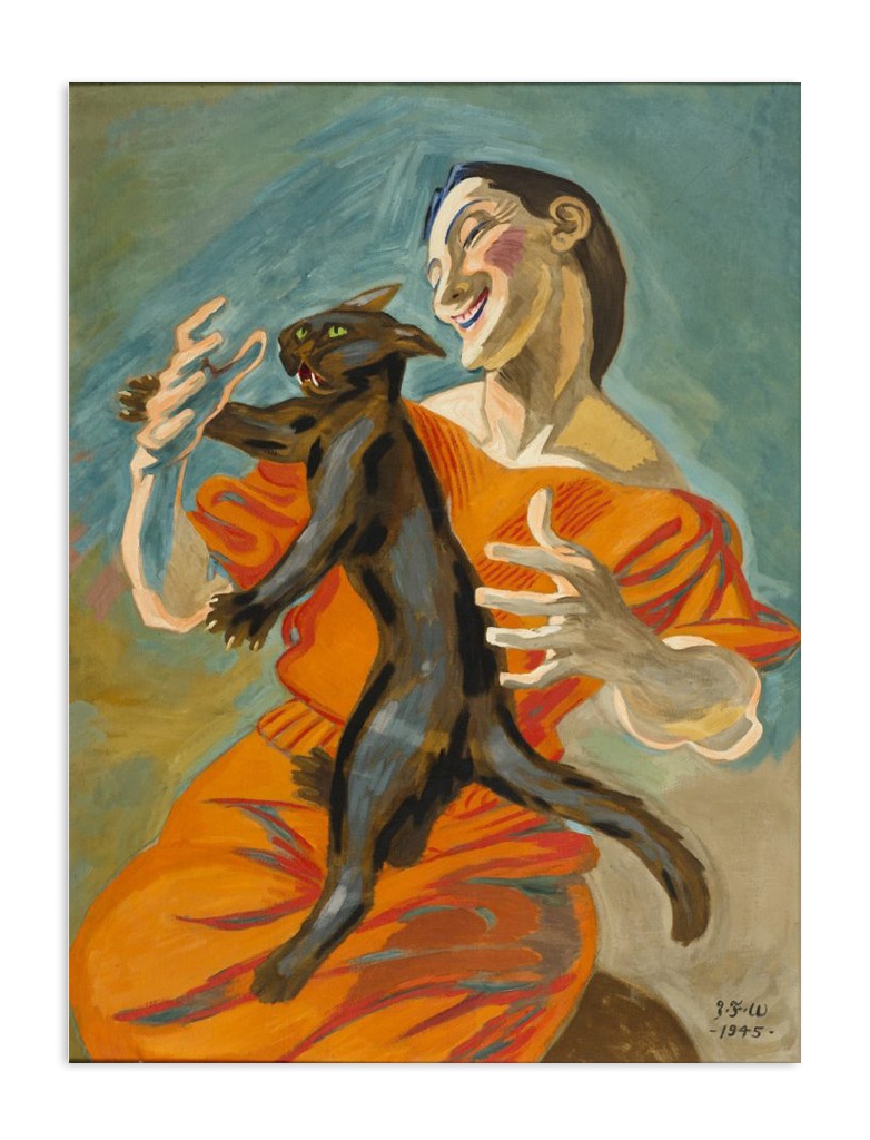 Dame leger med en sort kat Postkort Willumsens Museum