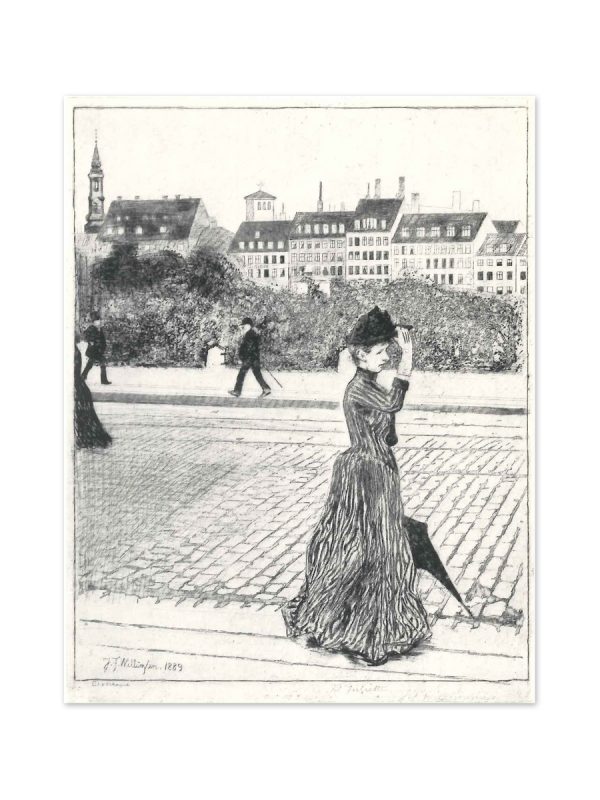Dame, der spadserer 1889 Postkort Willumsens Museum Sort hvid