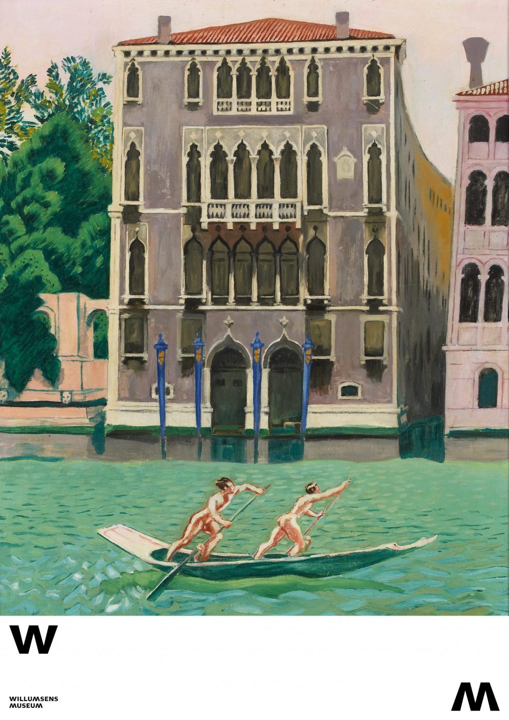 Plakat med motiv af Willumsens værk Palazzo Morosini ved Canal Grande. En gondol med to nøgne roere fra 1934