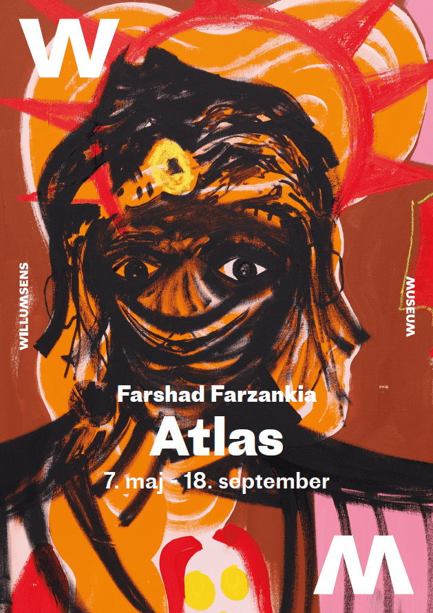 Udstillingsplakat med et værk i gyldne og rosa toner af Farshad Farzankia.