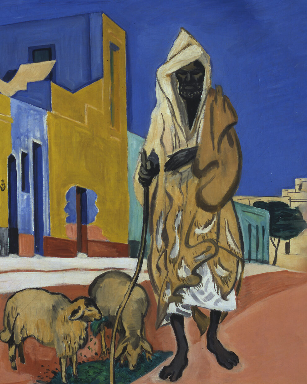 Et maleri af en tunesisk mand iført traditionel klædedragt på en baggrund af blå og jordfarver. Der er to får ved hans fødder og bygninger i baggrunden.