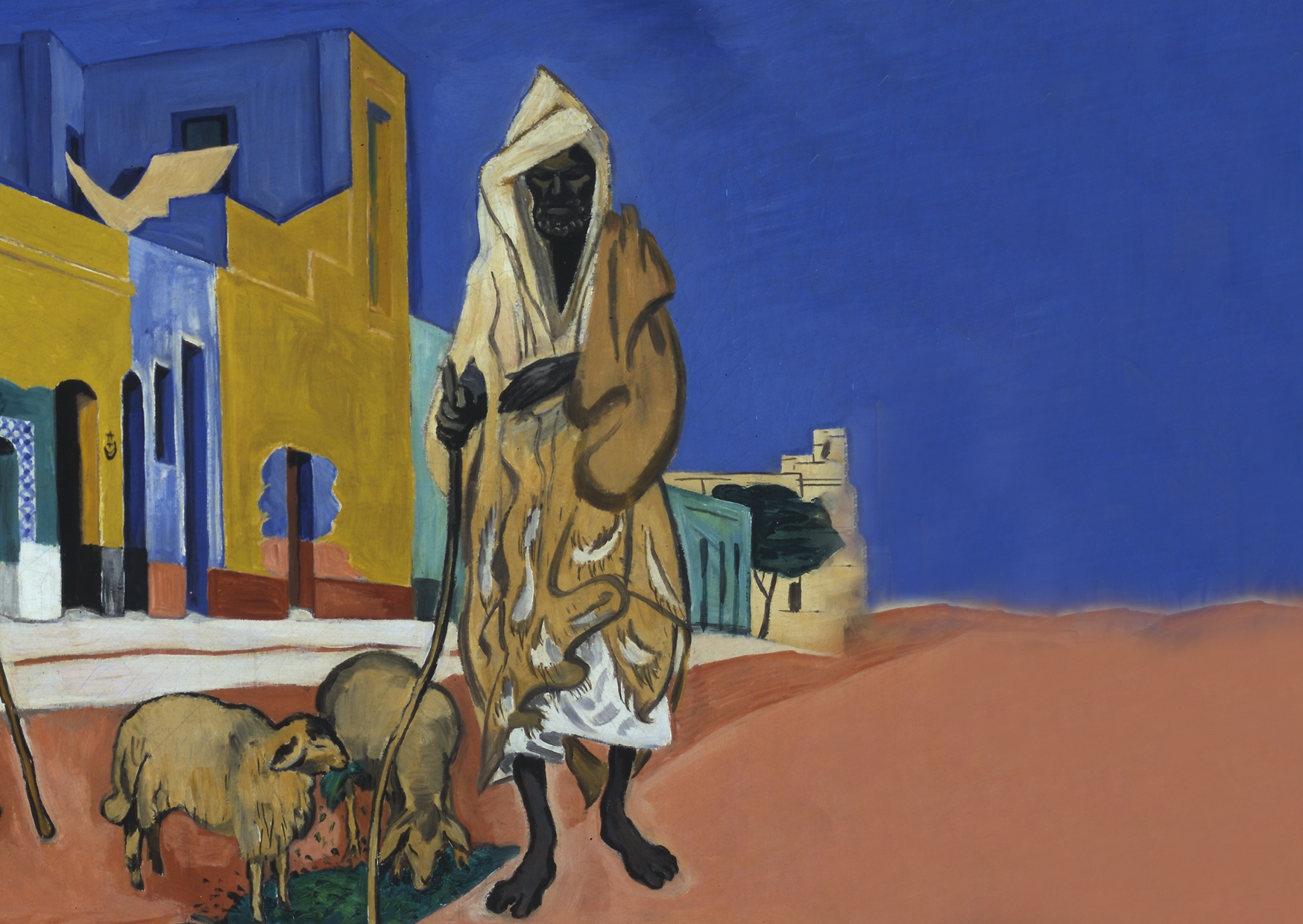 Et maleri af en tunesisk mand iført traditionel klædedragt på en baggrund af blå og jordfarver. Der er to får ved hans fødder og bygninger i baggrunden.